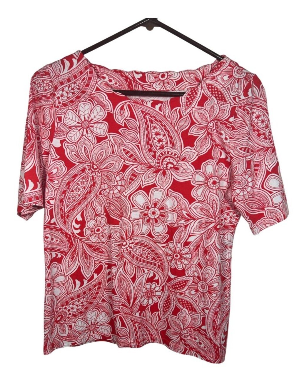 Talbots Red & White Floral Short Sleeve Women's Top 100% Pima Cotton Size M Ligh